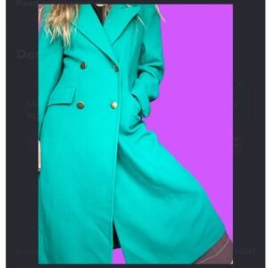 Vintage Teal Green 100% Wool Double Breasted Long Trench Coat Made in USA